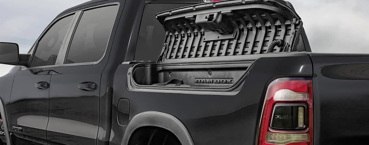 A close up of the Ram Box on a black 2020 Ram 1500 Classic Rebel.